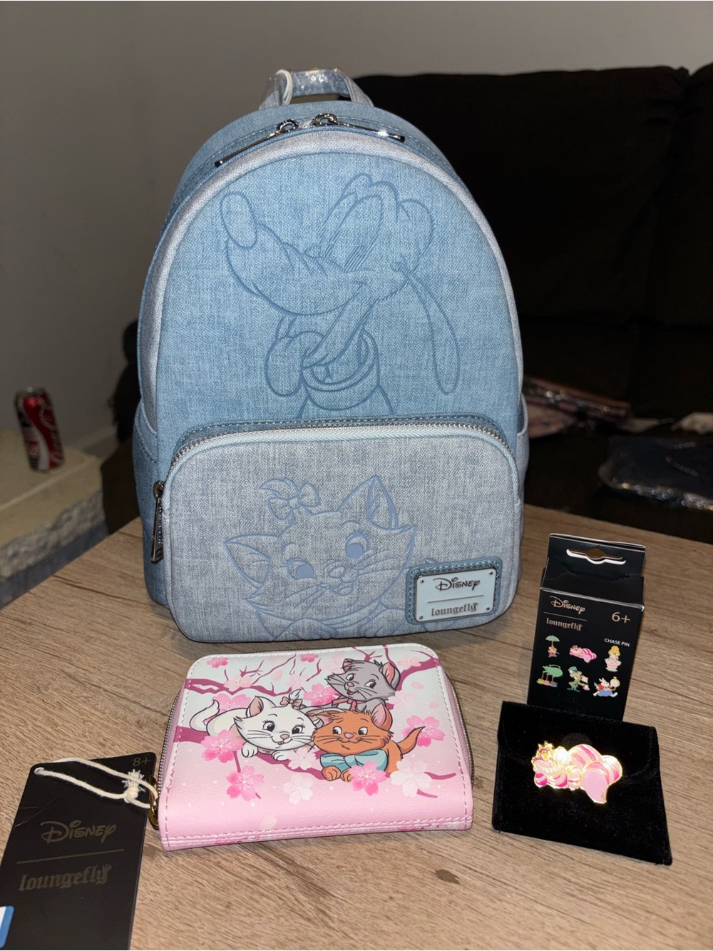 Loungefly Kids Denim Blue Backpack with Pink Marie Wallet & Pin